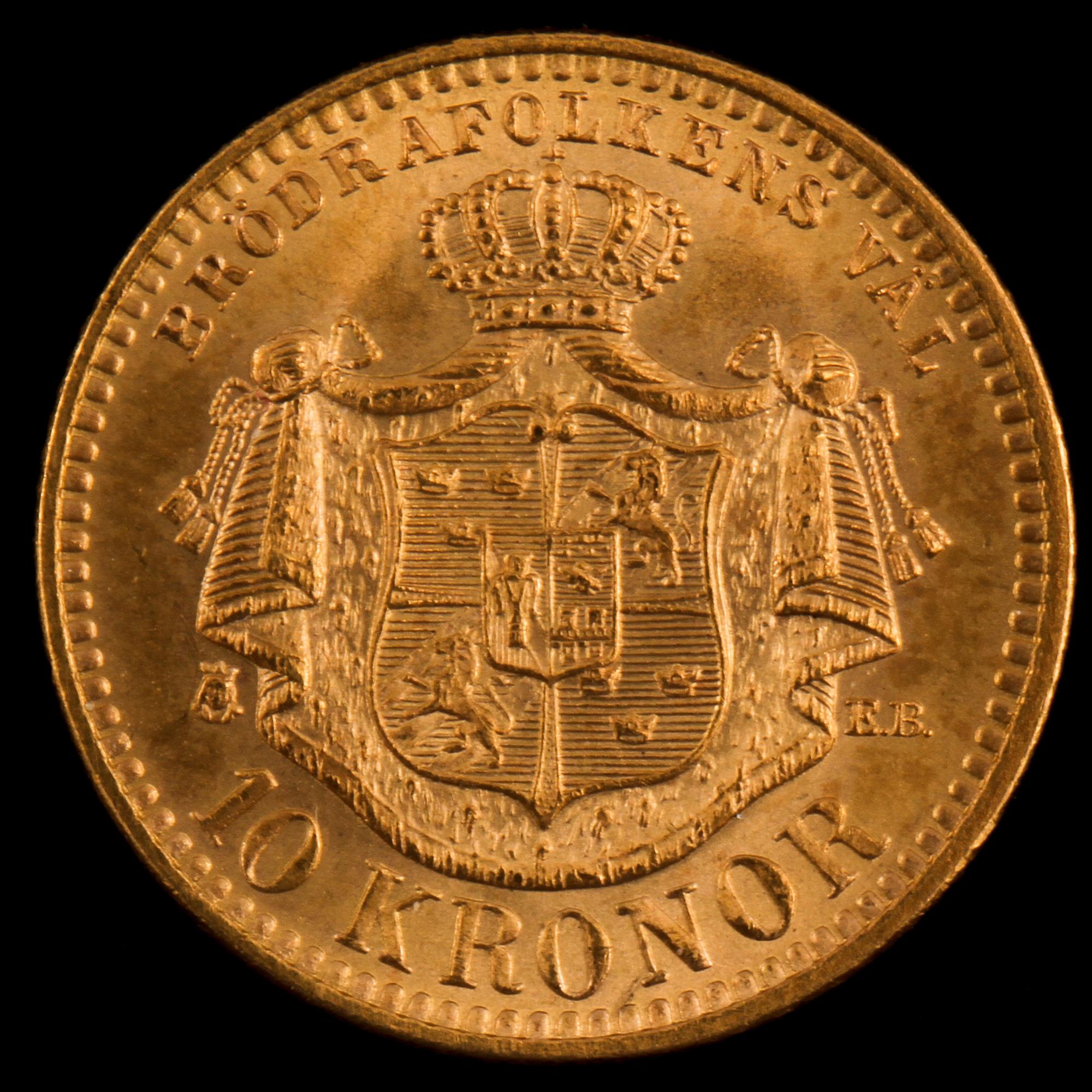 GULDMYNT, 10 kronor, Oscar II, 1901. Vikt 4 gram.