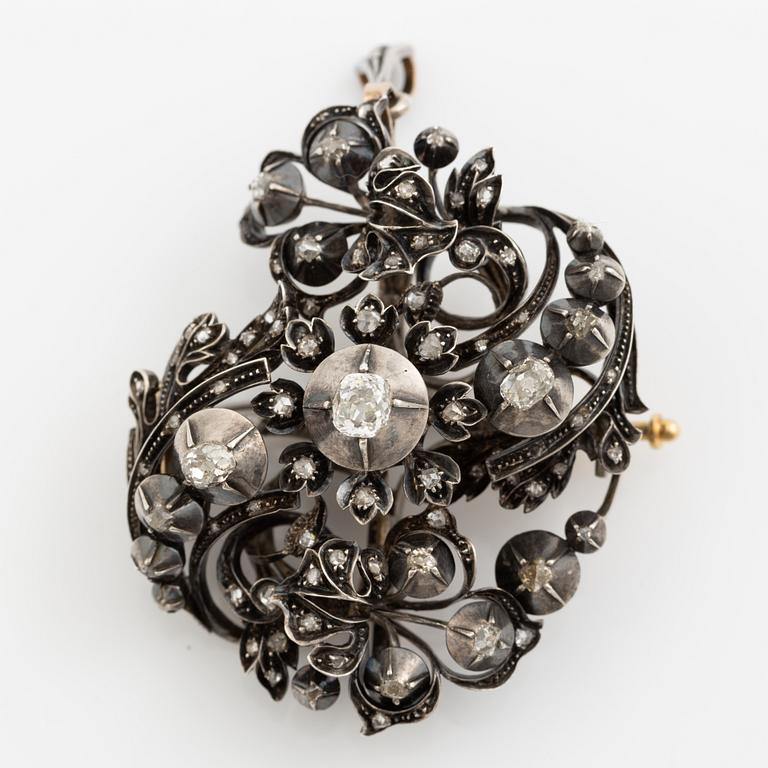 Pendant/brooch, silver with old-cut and rose-cut diamonds, 19th century,