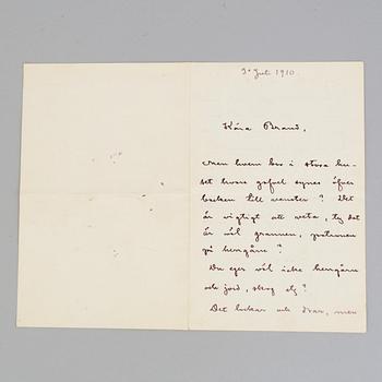 A letter by, August Strindberg dated 1910.