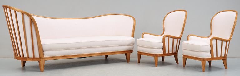 A Tom Wolfenstein elm sofa and a pair of armchairs for Ditzingers, Stockholm 1940's.