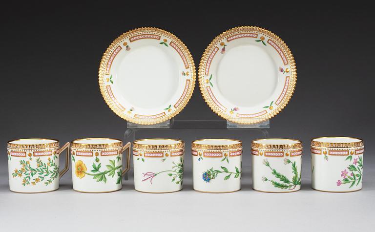 A set of six Royal Copenhagen 'Flora Danica' coffee cups with saucers, Denmark, 20th Century.