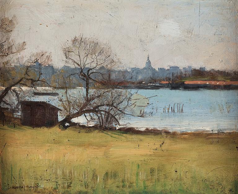 Vy från Djurgården (Ryssviken) mot Södermalm och Katarina kyrka.