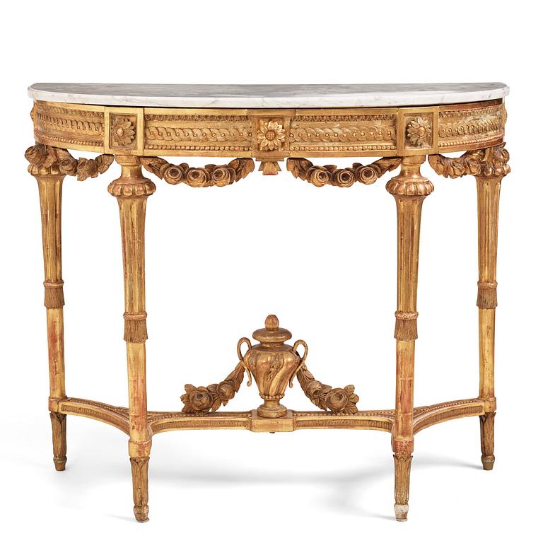 A Gustavian giltwood and marble console table, Stockholm, late 18th century.