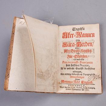 BOK, "Engelska åkermannen och fåraherden eller åkerbrukskonsten..." av Jacob Serenius, Stockholm 1727.