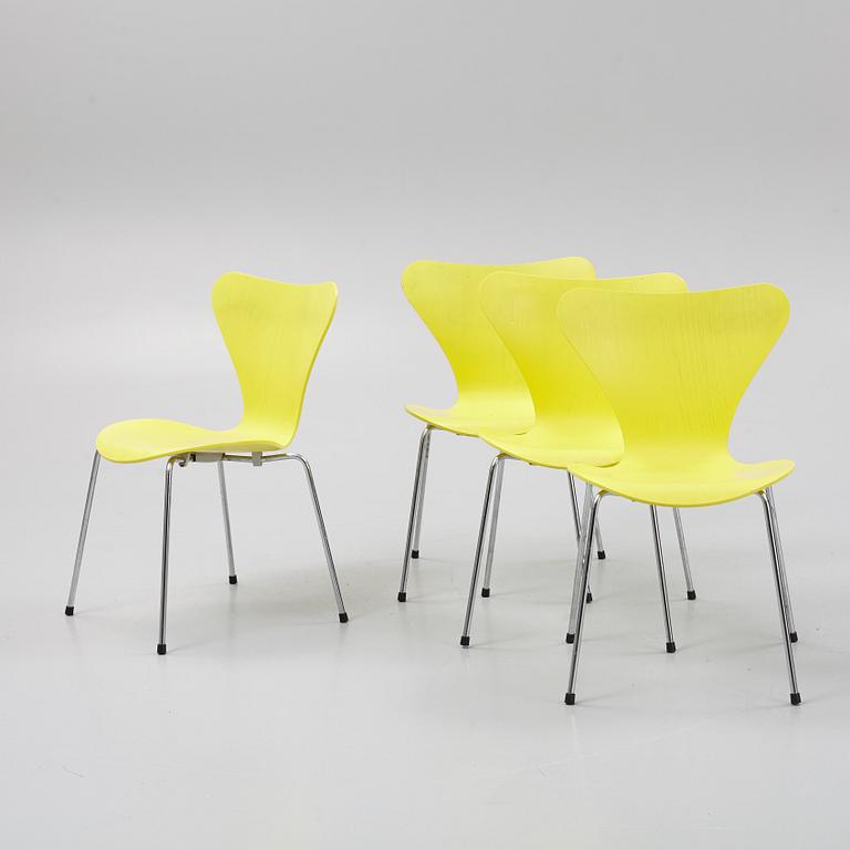 Arne Jacobsen, four 'Series 7' chairs, Fritz Hansen, Denmark, 1998.