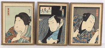 Woodblock prints, including Sadamasu II Gochotei and Konishi Hirosada, portraits of kabuki actors.