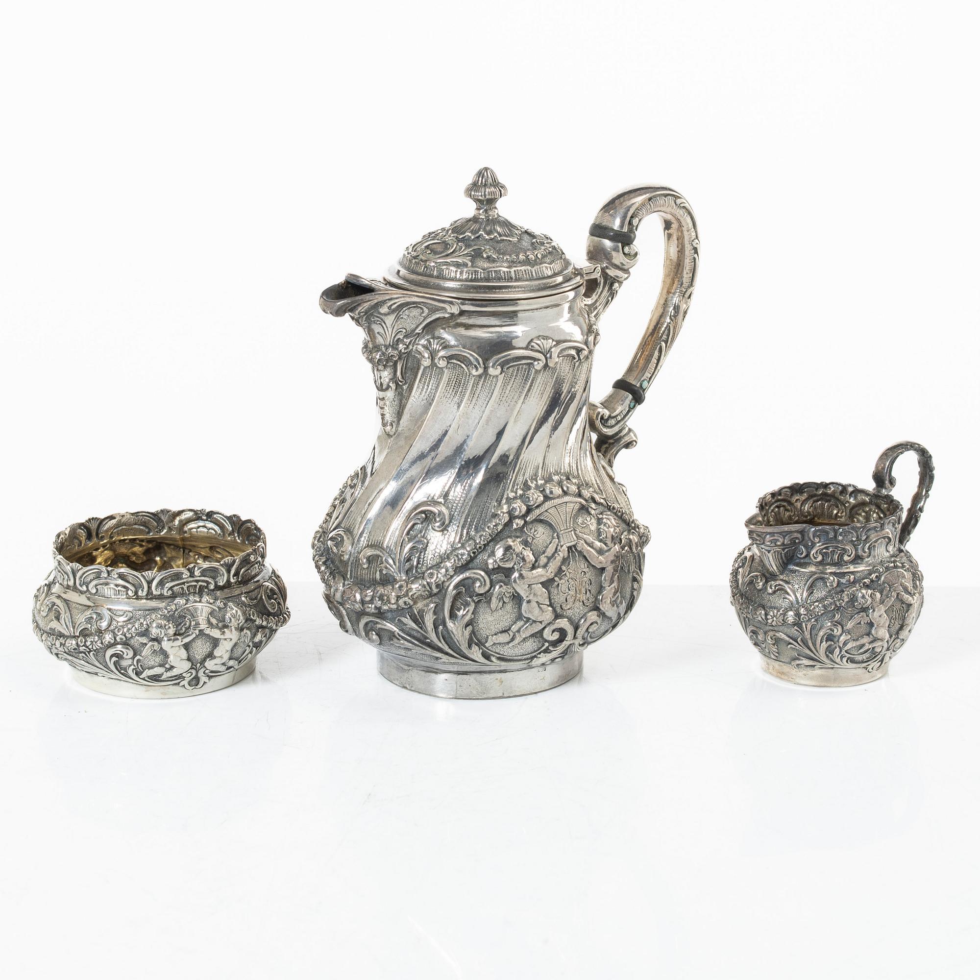 Coffee service, four pieces, silver, Rococo style, 20th century.