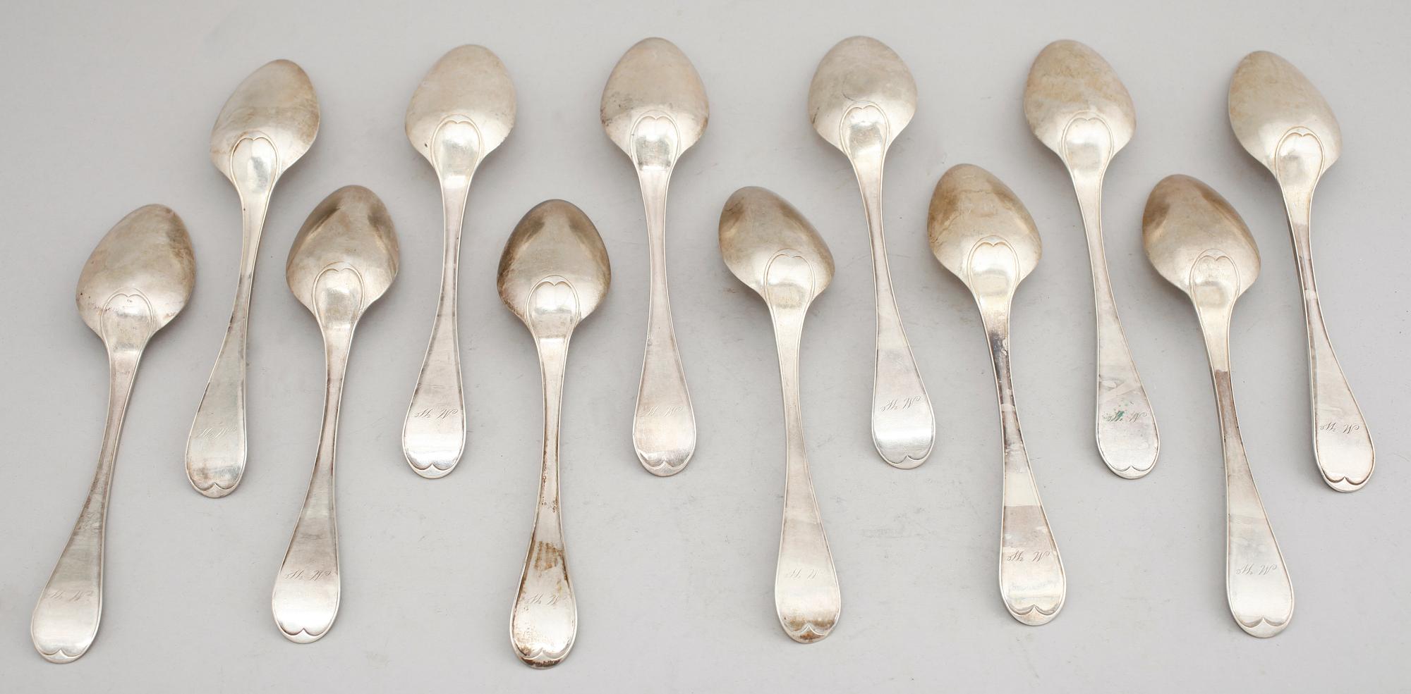 MATSKEDAR, 12 st, silver, Johannes Wållers, Linköping 1851/52. Vikt ca786 g.