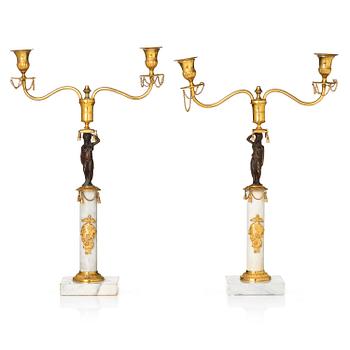 143. A pair of late Gustavian two-branch candelabra in the manner of F. L. Rung, Stockholm, circa 1800.