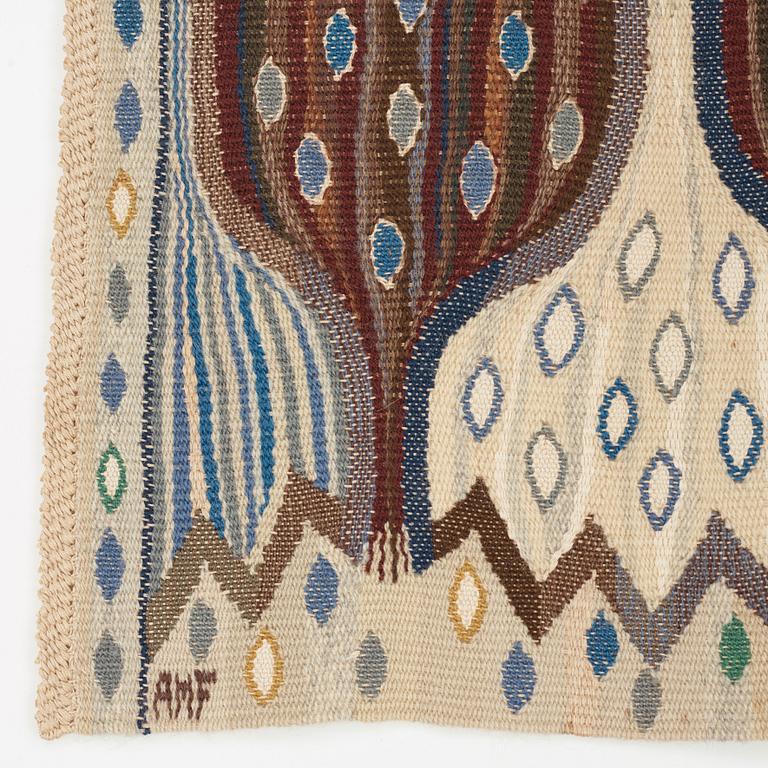 Ann-Mari Lindbom, gift Forsberg, A textile, "Blå crocus", a tapestry variant, ca 32-33 x 93-94 cm, signed AMF.