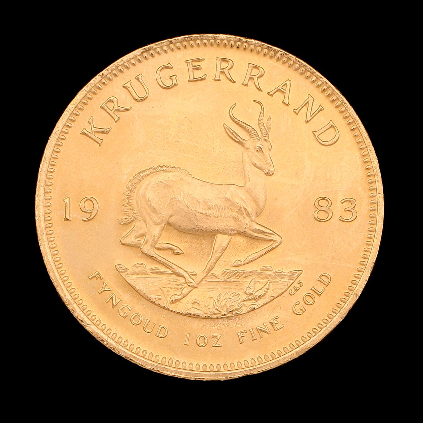 GULDMYNT, finguld, Krugerrand, Sydafrika, 1983. Vikt ca 34 g.
