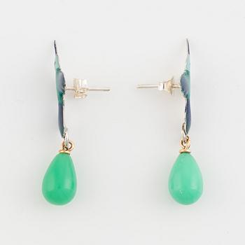 Silver and 18K gold and enamel bird and chrysoprase earrings, Mandelstam.