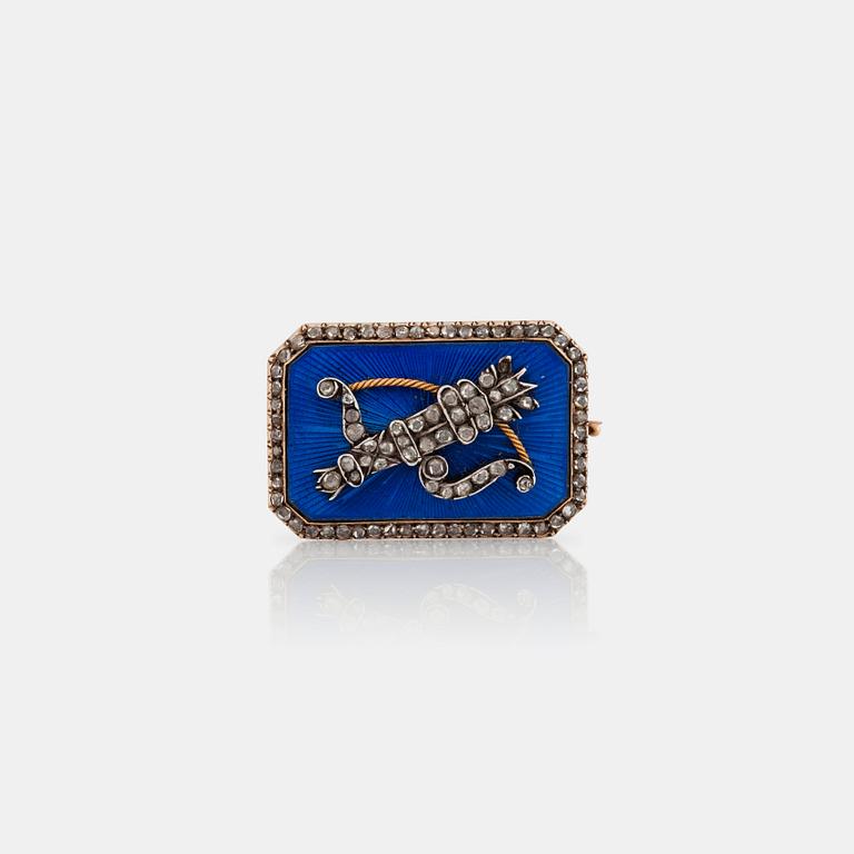 A rose cut diamond and enamel brooch, made by Erik Kollin workmaster at Fabregé.