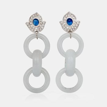 691. A pair of white jadeite, brilliant-cut diamond and sapphire earrings.