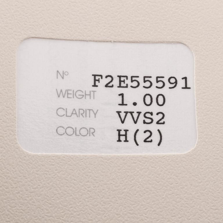 BRILJANTSLIPAD DIAMANT, 1.00 ct, oinfattad, certifikat daterat 1997.