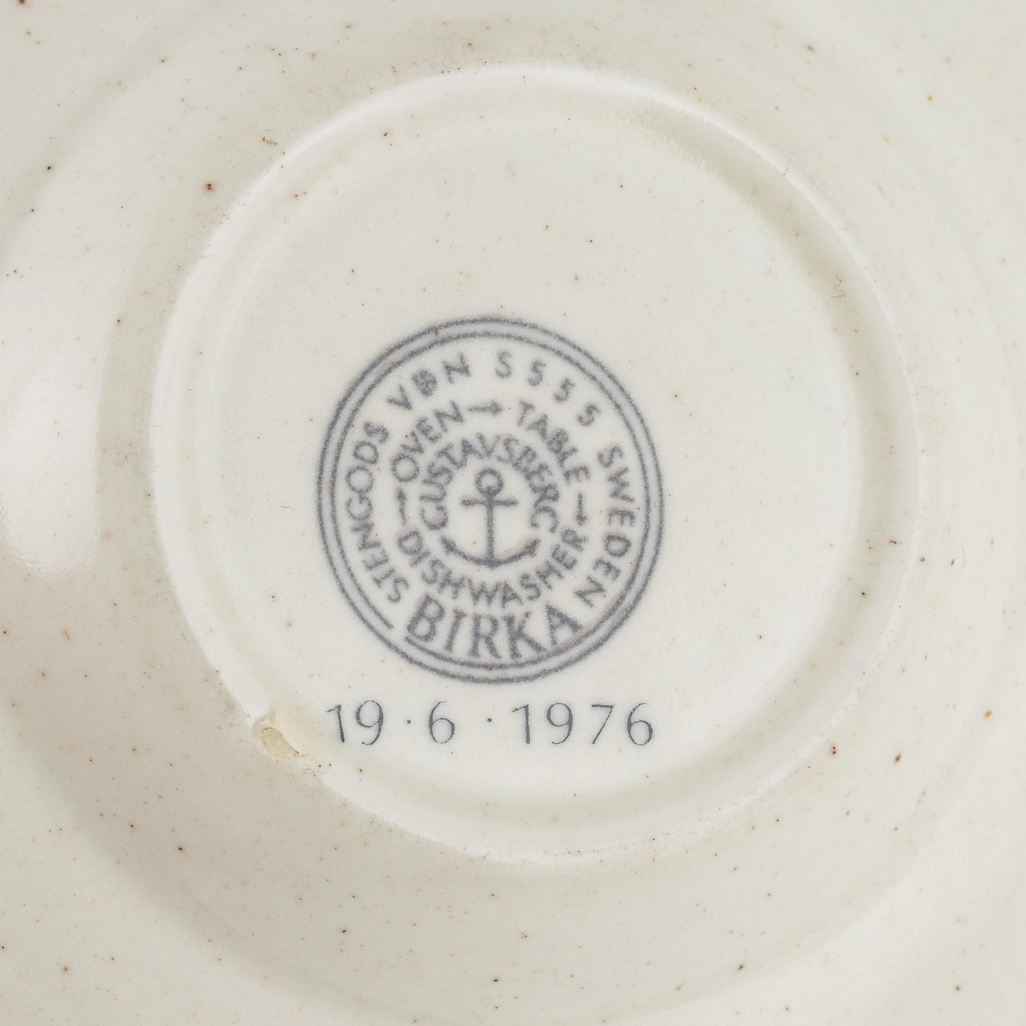Stig Lindberg, a' Birka' cup with saucer, with royal monogram under crown, Gustavsberg, 1976.