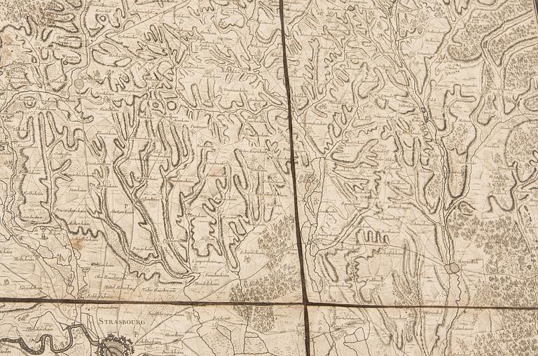 KARTA, Rhendalen, "Le Cours du Rhin de bale", le Rouge, Paris 1745, kopparstick.