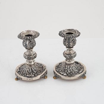 Candlesticks, a pair, Gustaf Möllenborg, Stockholm 1844, and two salt cellars including CG Hallberg, Stockholm 1897.