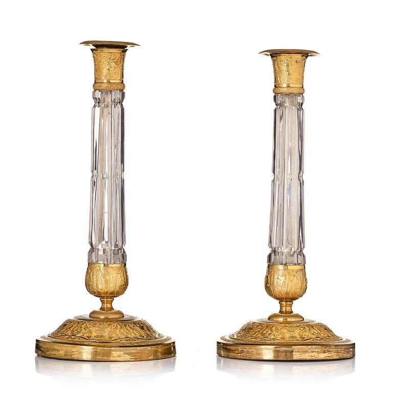 A pair of Russian ormolu and cut-glass Empire candlesticks, presumably St Petersburg, ca 1820.
