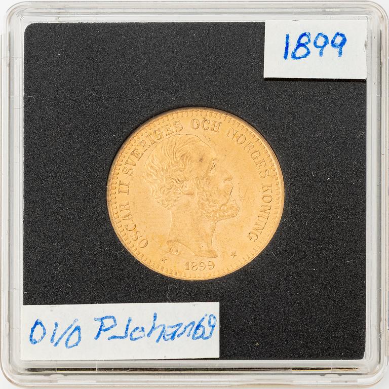 Guldmynt, Oscar II, 20 kronor, typ III, Sverige 1899.
