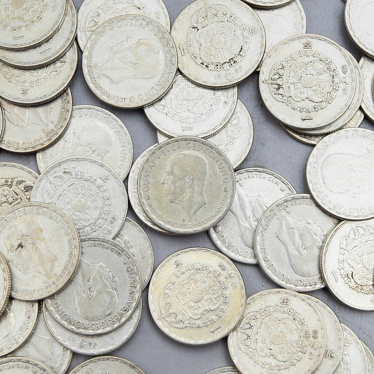 SILVERMYNT, enkronor, Gustaf V, 1942. Vikt ca 550 gram.