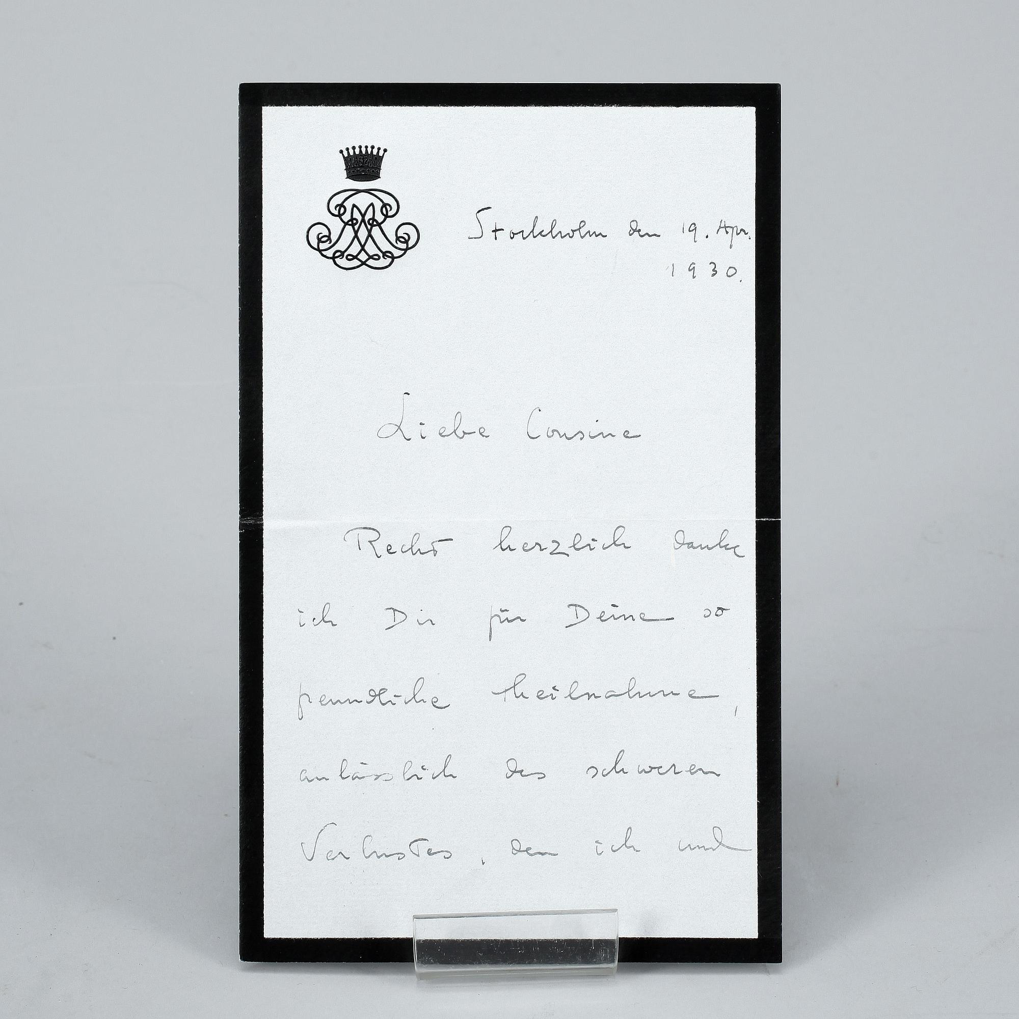 KUNGLIGA BREV, 2 st, Kronprins Gustaf Adolf av Sverige, dat och undertecknade 1930 resp 1947.