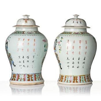 A pair of 'antiques' vases with covers, China, 20th century.