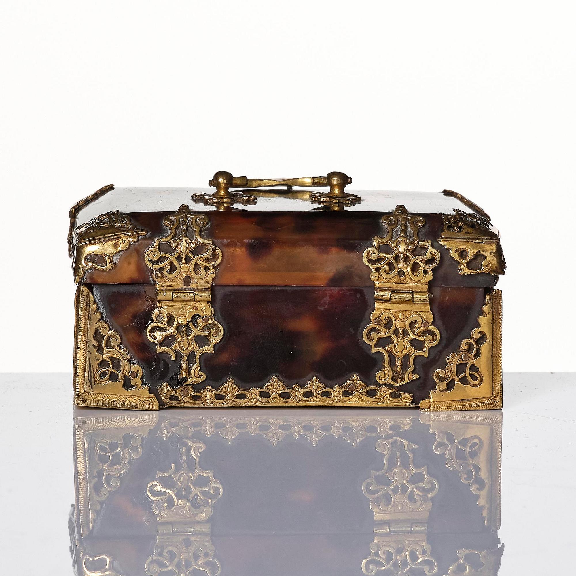 A baroque tortoise and gilt brass-mounted tobacco box, circa 1700.