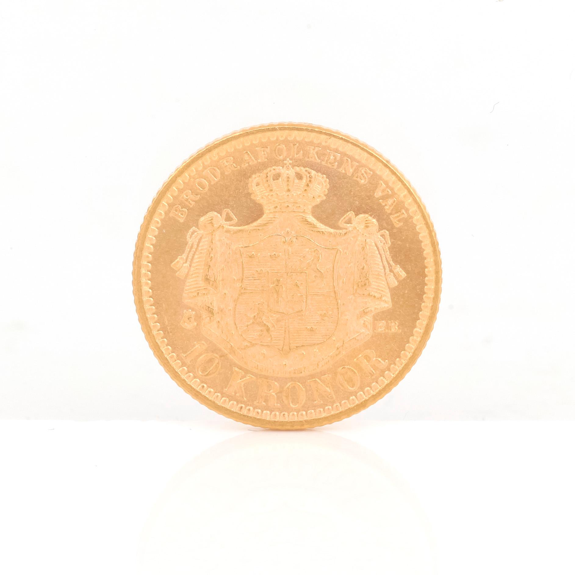 GULDMYNT, 10 kronor, Oscar II av Sverige och Norge 1894. Vikt ca 4,5 gram.