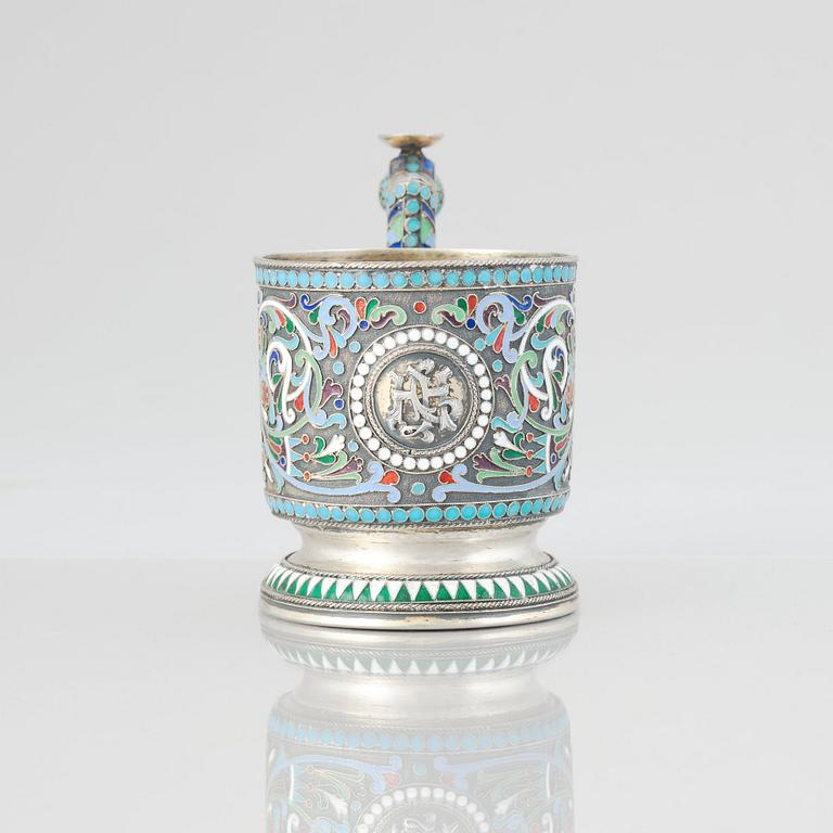 A Russian 19th Century silver-gilt and enamel tea-glass holder, unidentified makers mark, Moscow before 1899.