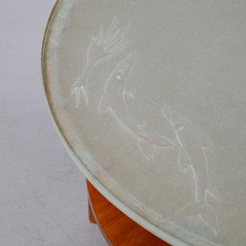 Bo Notini, a Swedish Modern elm veneered and etched glass coffee table from Glössner & Co, 1940's.