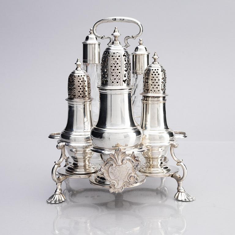 An English 18th century silver and glass cruet-set, mark of Jabez Daniel, London 1777 and possibly 1783.