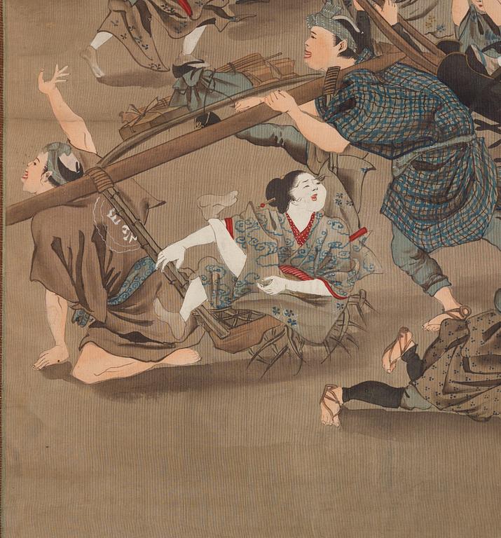 RULLMÅLNINGAR, sex stycken, tusch och färg på papper. Japan, Meiji (1868-1912).