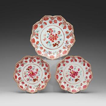 Three european subject, lotus dishes in famille rose, Qing dynasty, Qinalong (1736-95).