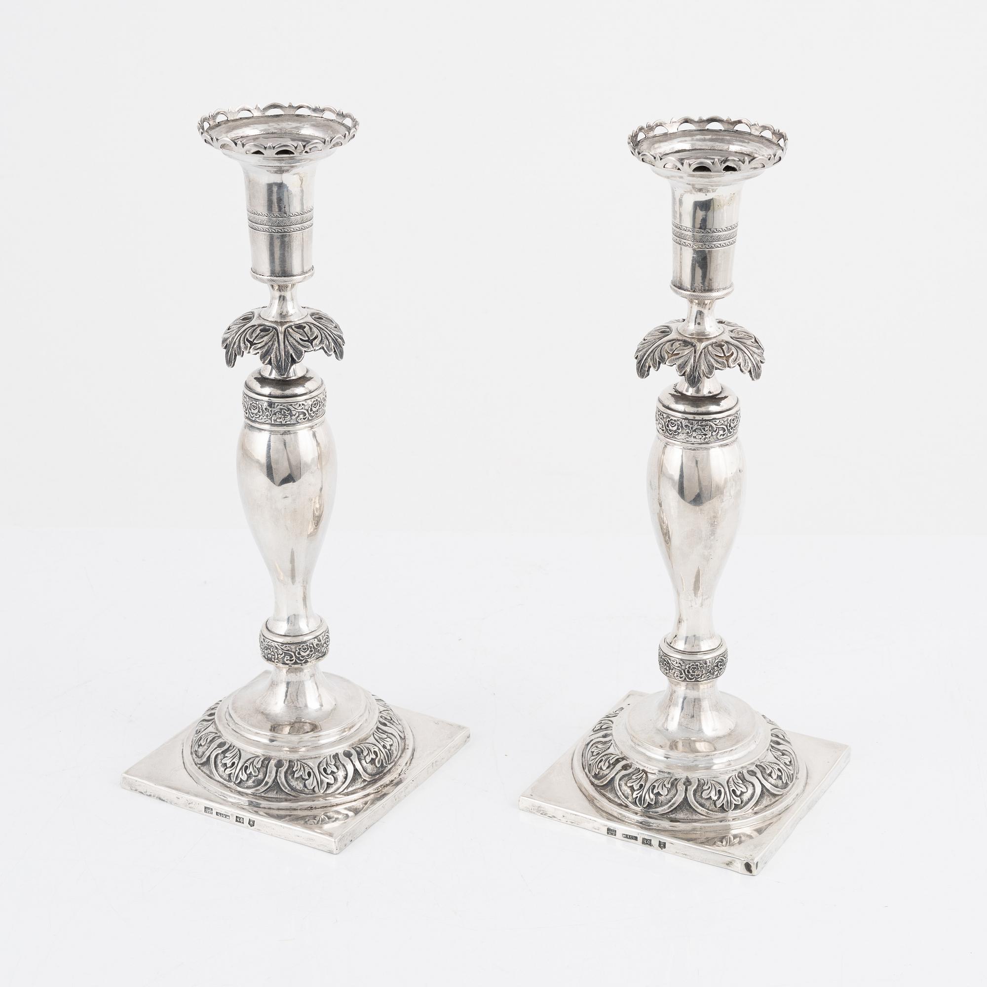 A pair of late Empire silver candlesticks, Grodno, Belarus, 1855.