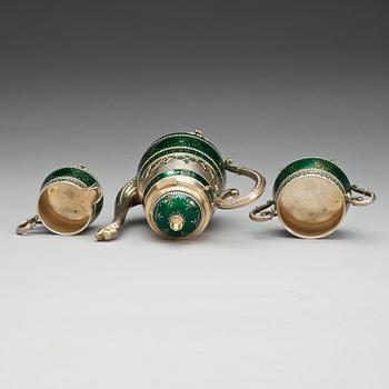 A David Andersen sterling and enamel three pcs of coffee set, Norway early 20th century.