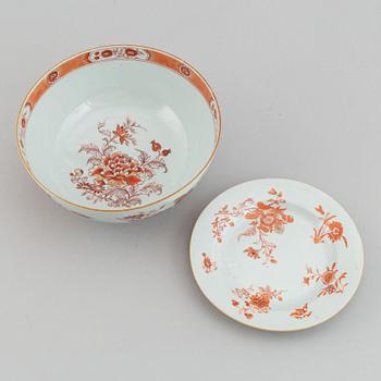 A rouge de fer bowl and three dishes, Qing dynasty, Qianlong (1736-95).