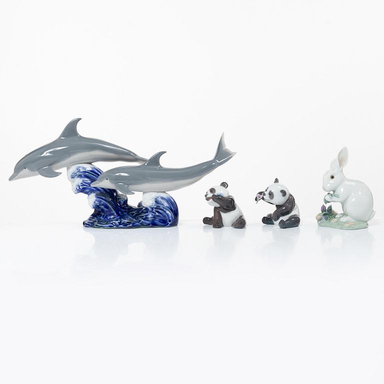 Lladró, 4 figurines, "The Chinese Zodiac": "A happy panda", "A cheerful panda", "The Rabbit", "Dance of the Dolphins".