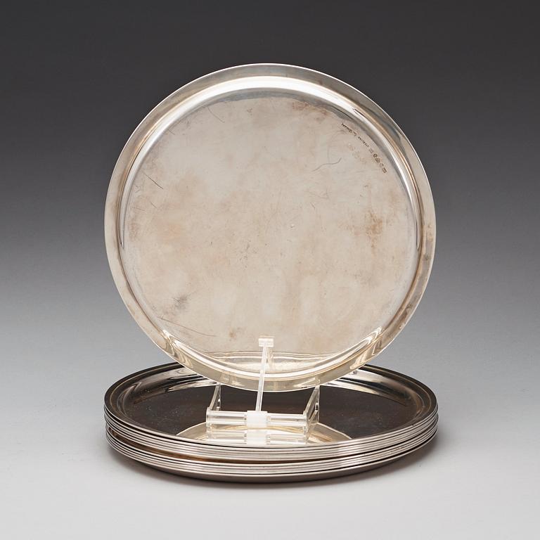 ÅKE STRÖMDAHL, kuverttallrikar, 12 stycken, Atelier Hugo Strömdahl, Stockholm 1959, sterling.