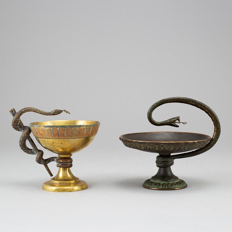 Two bronze and brass apothecary bowls, one Trelleborgs, 20th century.