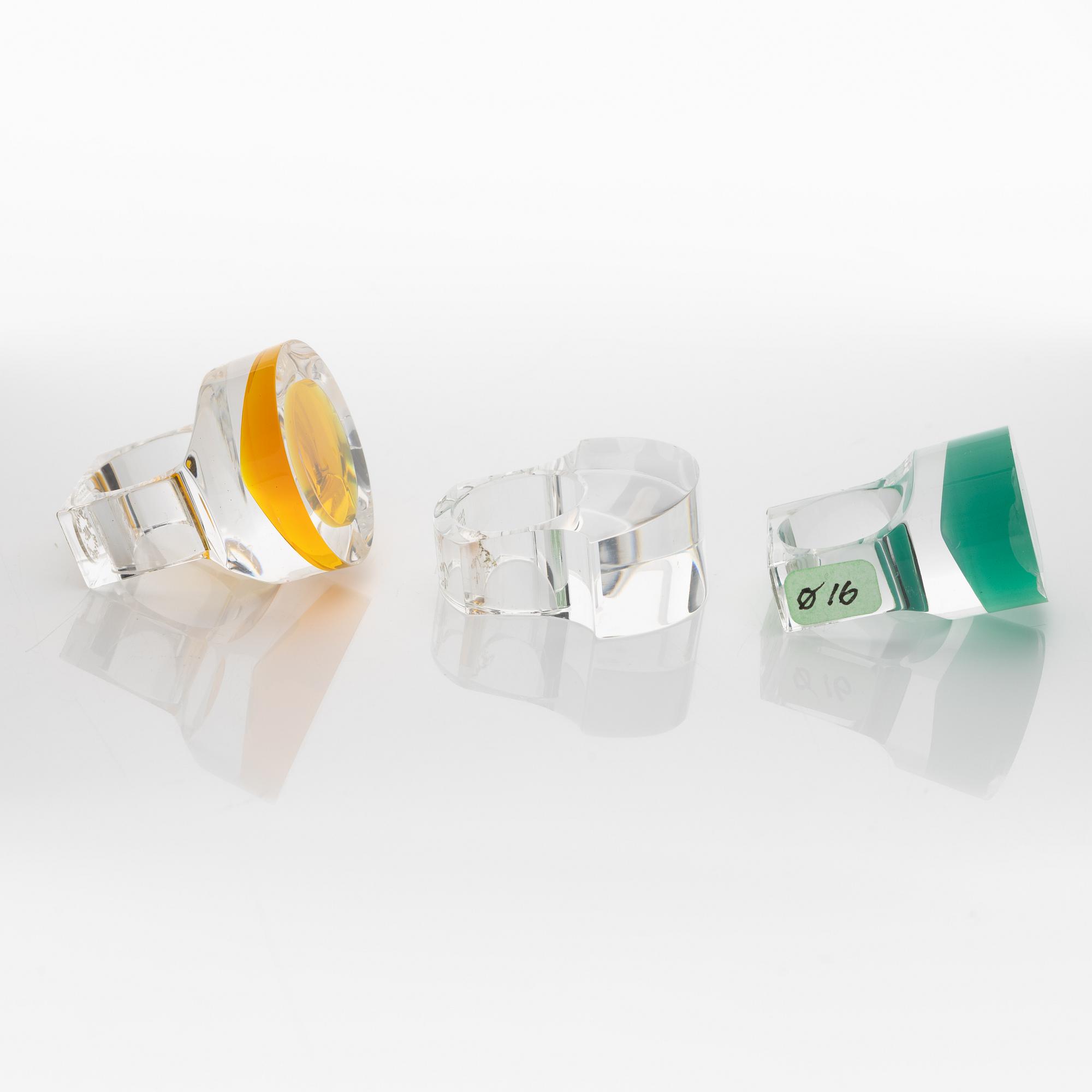Siv Lagerström, three acrylic plastic rings, 1970s.