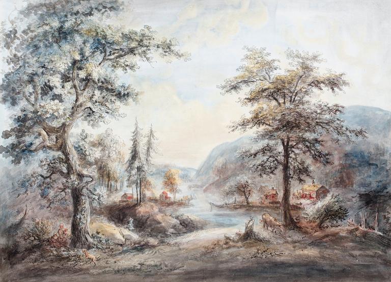 Elias Martin, Landskap med figurer, boskap och röda stugor.