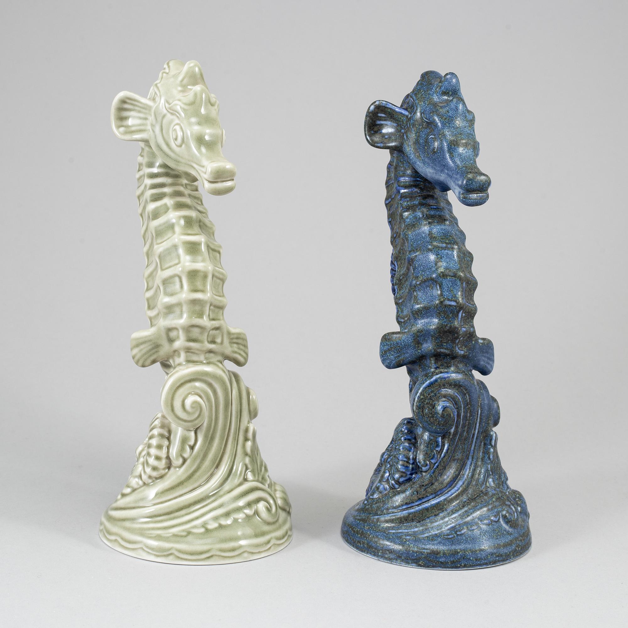 GUNNAR NYLUND, two seahorse stoneware figurines, Rörstrand.