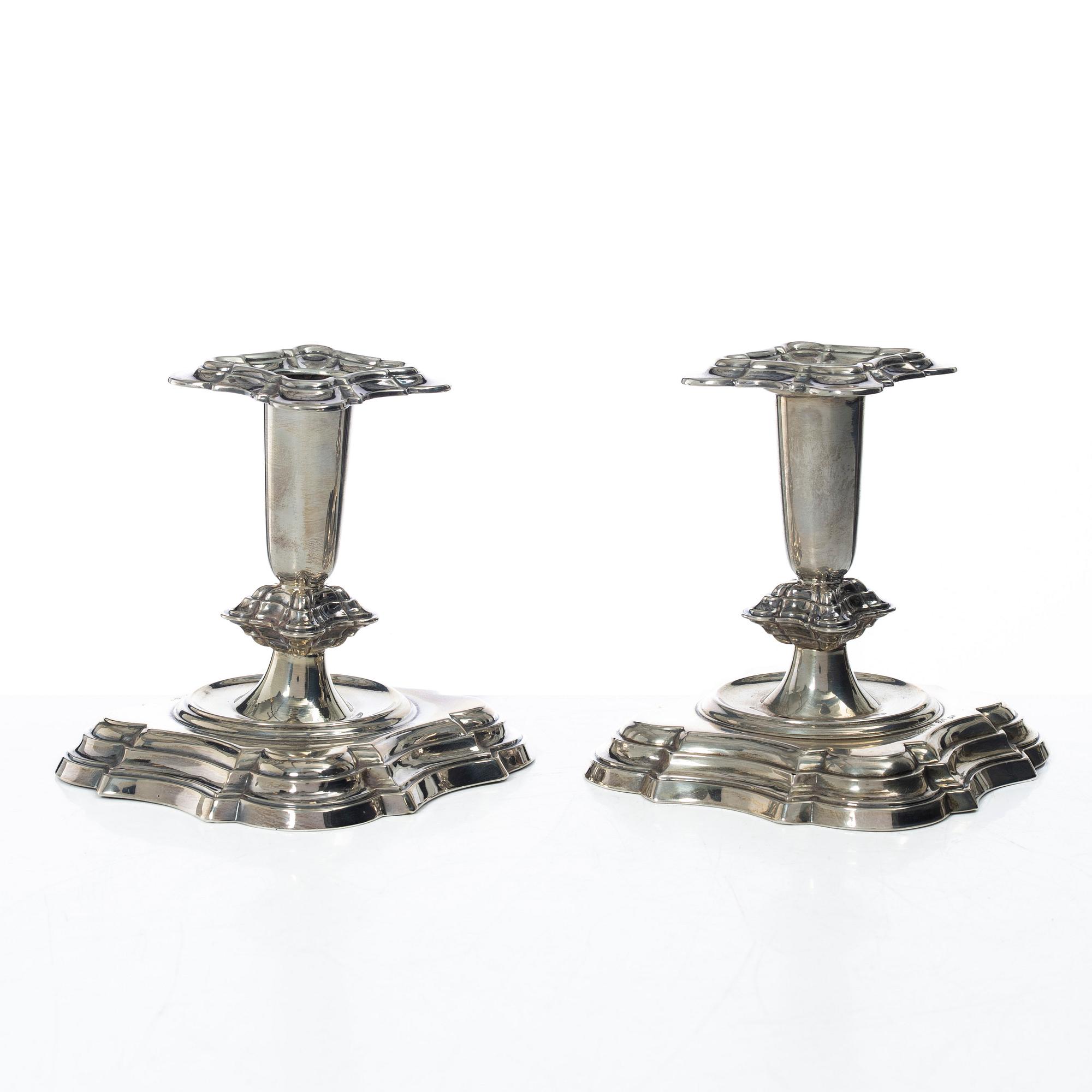 A pair of Norwegian silver candlesticks, mark of T Olsens Eftf, Bergen, Norway, Swedish import mark, 20th century.