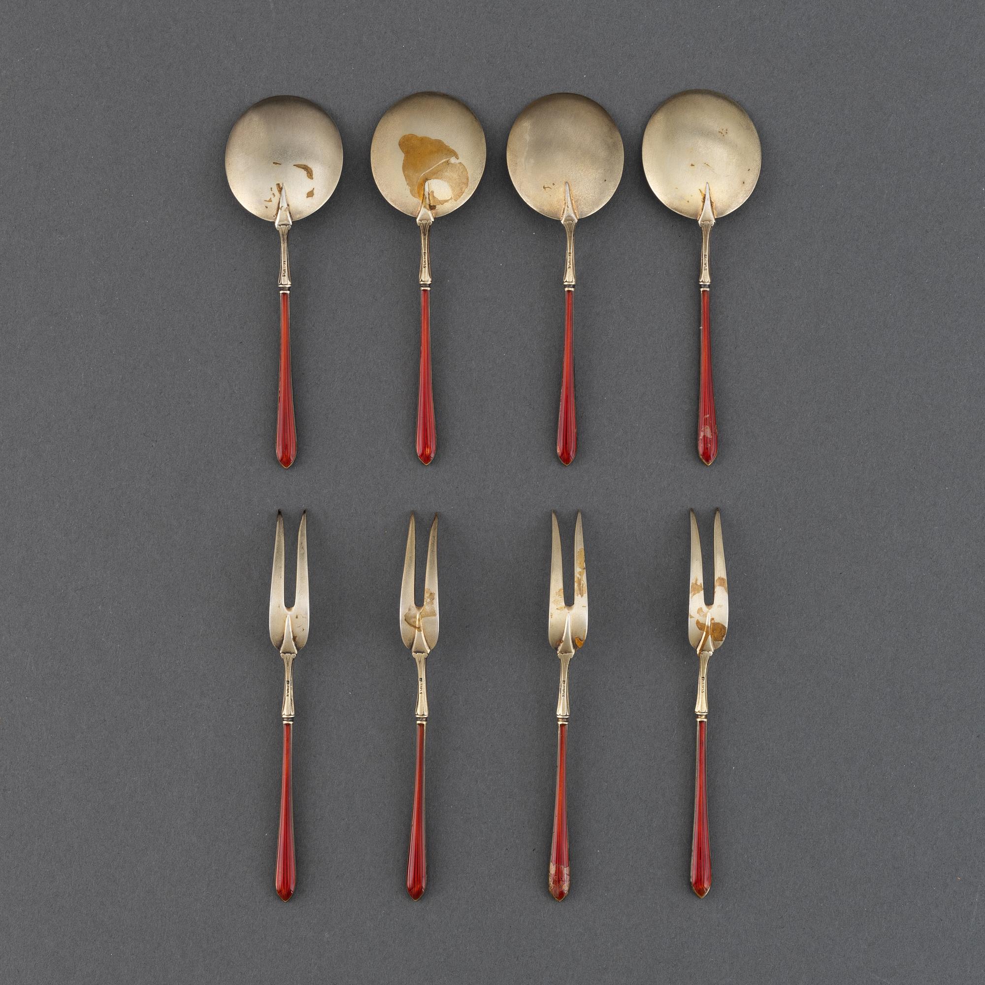 4+4 pc silver and enamel cutlery, J Tostrup, Oslo circa 1920.