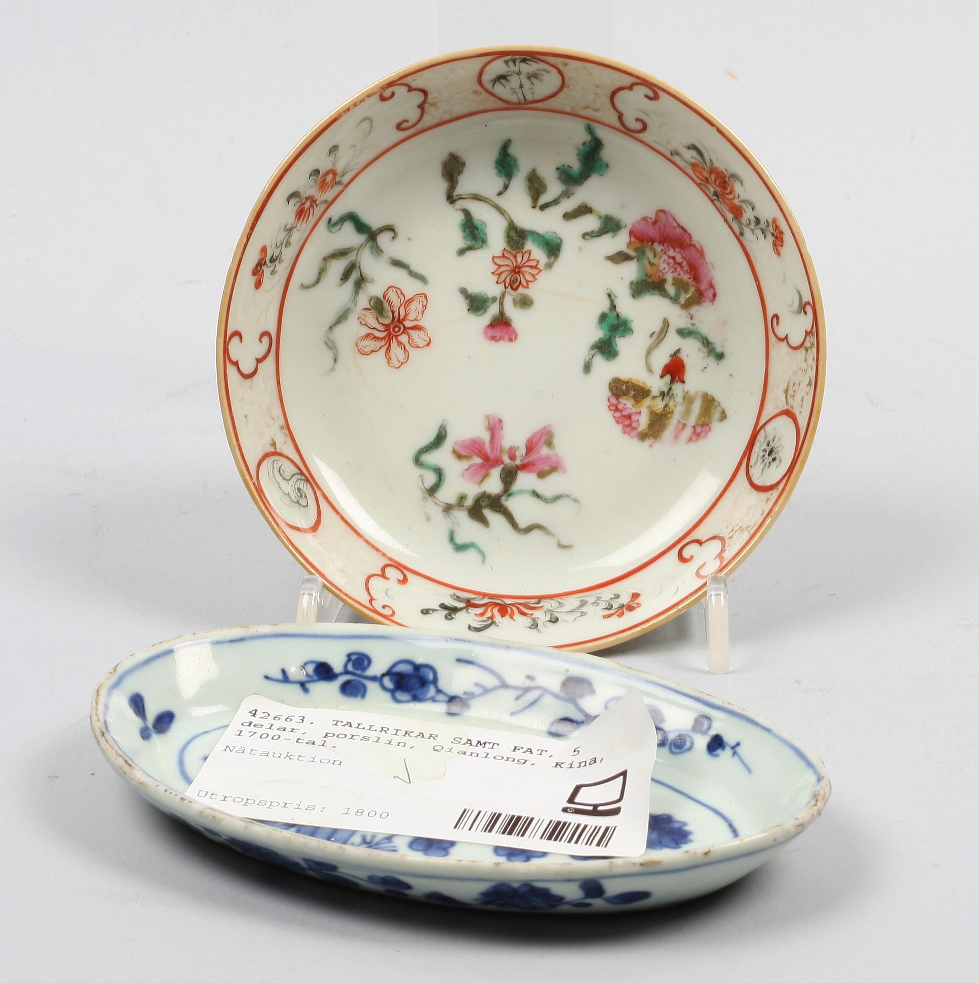 TALLRIKAR SAMT FAT, 5 delar, porslin, Qianlong, Kina, 1700-tal.
