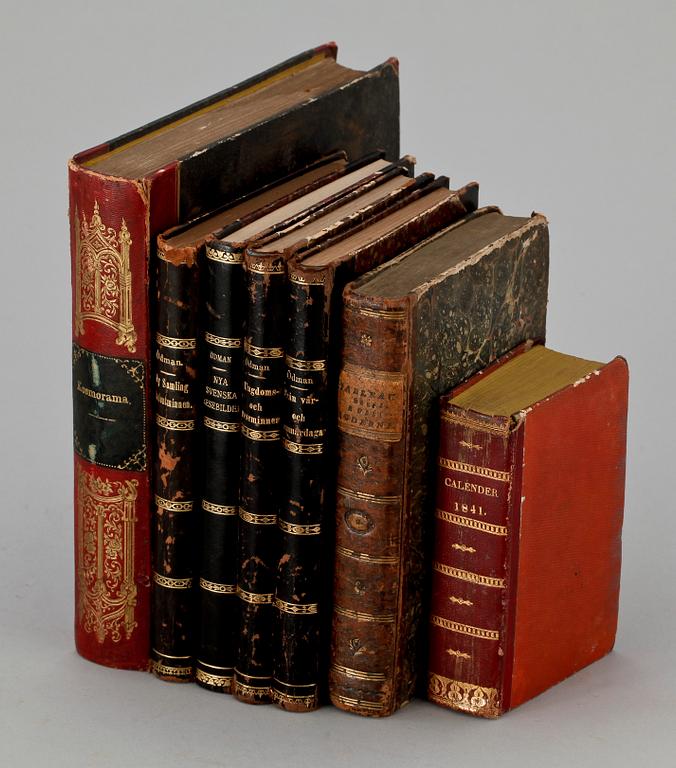 BÖCKER, 7 st, bla "Kosmorama eller målningar af...naturen konsten och menniskolifvet...", Stockholm 1835.