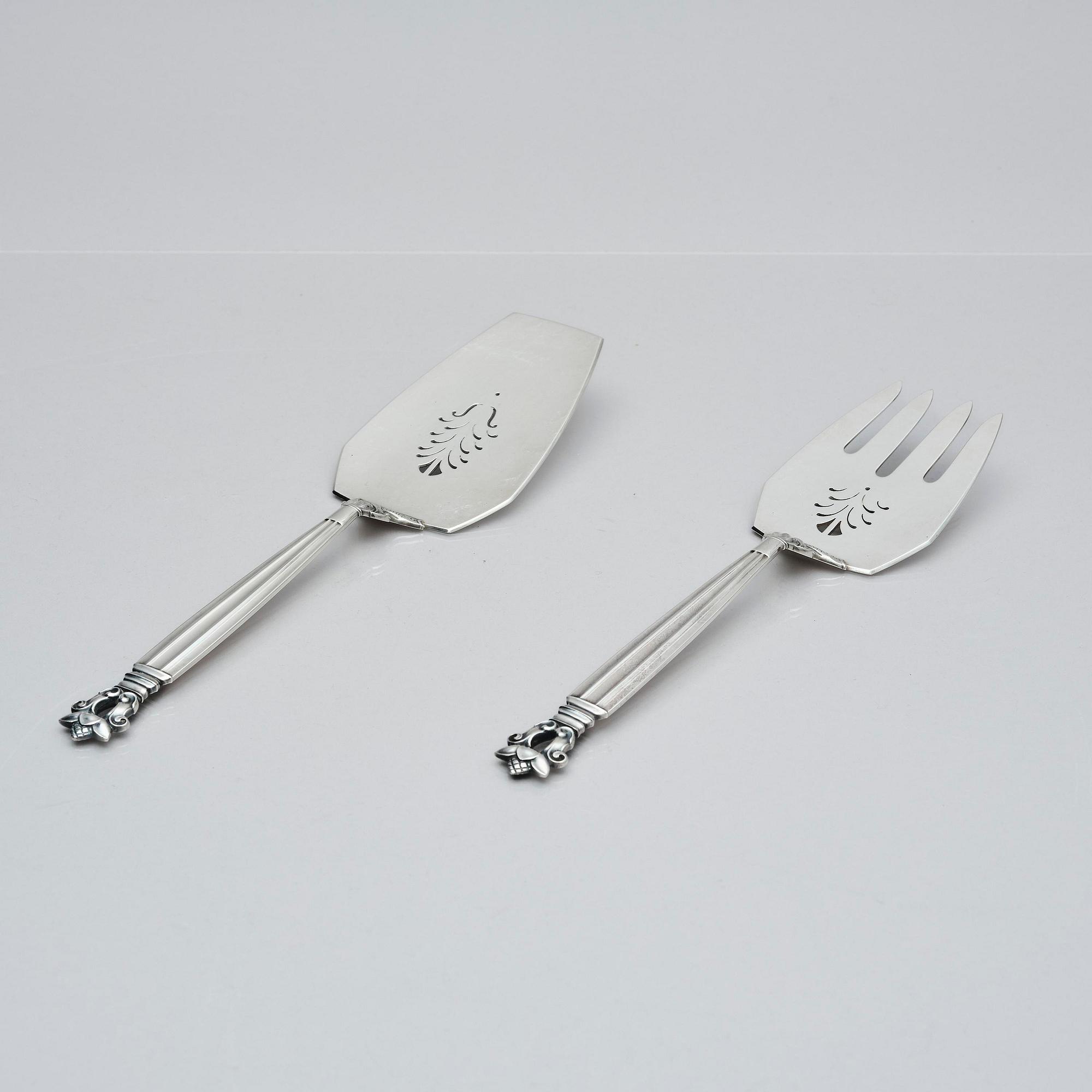 Georg Jensen, serveringsbestick för fisk, 2 delar, "Konge/Acorn", sterling silver, design Johan Rohde, Köpenhamn 1919-1927.