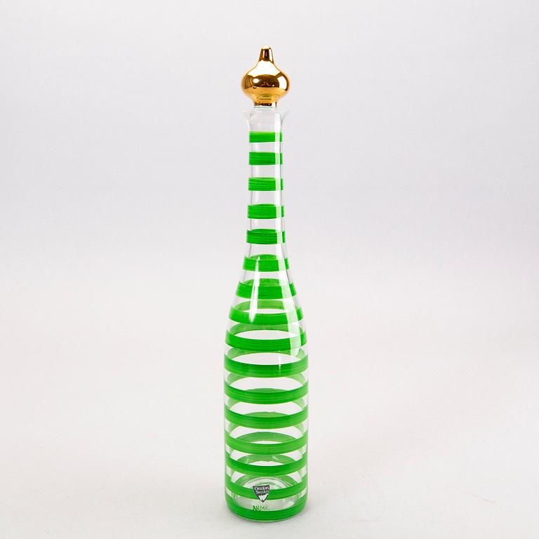 A signed handpainted glass decanter by Anne Nilsson later part of the 20th century.