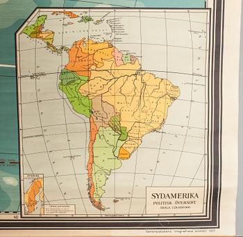 SKOLKARTA, "Väggkarta över Sydamerika" Generalstabens litografiska anstalt 1937.